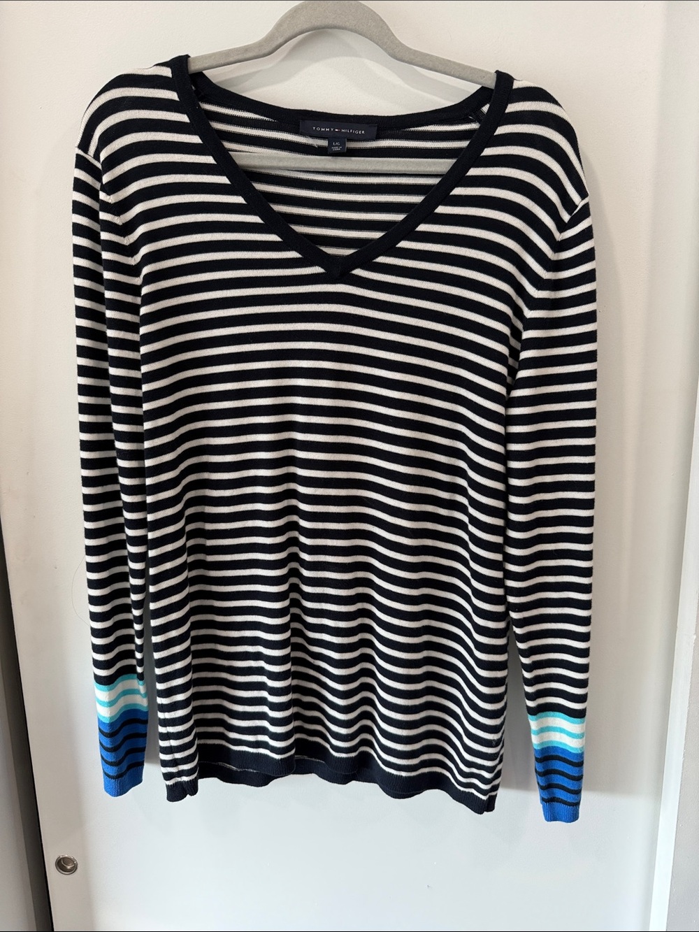 Tommy Hilfiger Black and White Striped V-Neck Sweater with Blue Accent Cuffs